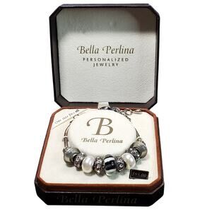 New Bella Perlina Slide Charm Bracelet Silver Tone Faux Pearl Black Beads